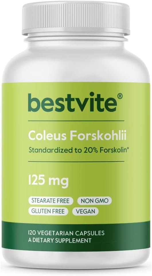 BESTVITE Coleus Forskohlii 125 mg - 20% Φορσκολίνη (120 κάψουλες χορτοφάγων) - Κατασκευασμένο με Forslean Το μόνο συστατικό Forskolin που υποστηρίζεται από κλινικές μελέτες.