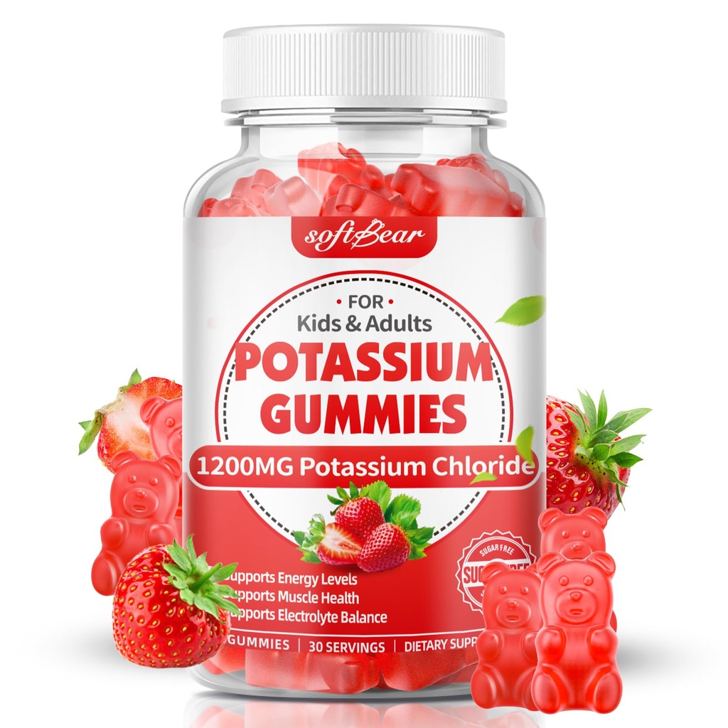 Μαλακοπάρου Κάλιο Gummies για ενήλικες, Ζάχαρη Χωρίς Χλωριούχο Κάλιο Gummies 1200mg Πόδι στήριξης Cramps & Ηλεκτρολύτη Ισορροπία Υψηλής Ικανότητας Συμπλήρωμα καλίου, Φράουλα Γεύση 60 Count