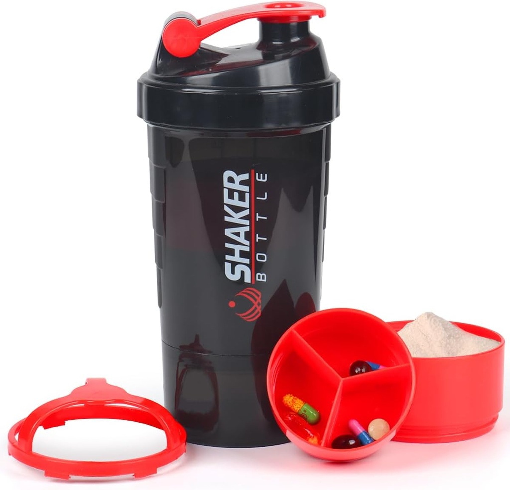 Φιάλη αναδευτήρα πρωτεΐνης, 16 oz Shake Cup για σκόνη πρωτεΐνης με αποθήκευση, Αθλητικό μπουκάλι νερού,Non Slip 3 Layer Twist Off 3oz Cups με Pill Tray Leak Proof Shake Μπουκάλια για μείγματα πρωτεϊνών