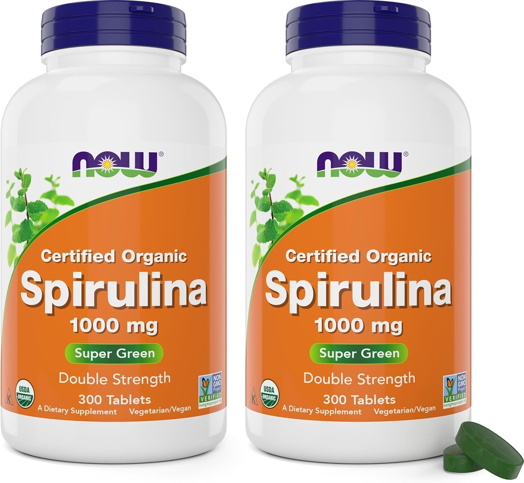 NOW Foods Organic Spirulina 1000mg Tablets - 300 Count (Pack of 2) - Non-GMO, Super Green Whole Food Supplement - Double Strength 1000 mg - Naturally Occurring Beta-Carotene (VIT A), B-12 and GLA