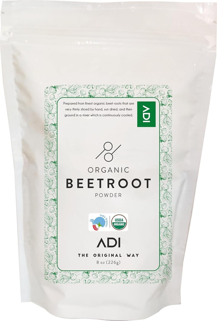 ADI USDA Certified Organic Beetroot Powder - 8oz, Nitric Oxide Booster, Ακατέργαστο Beetroot για Ψήσιμο & Χυμό, φυσικός κόκκινος χρωματισμός τροφίμων, Resealable Pouch
