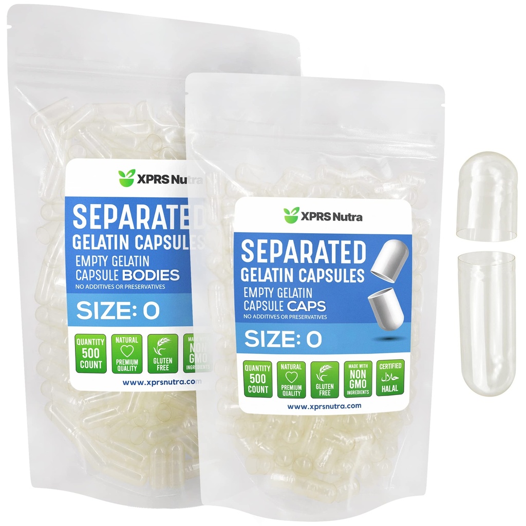 XPRS Nutra Gelatin Μέγεθος 0 Ξεχωριστές κάψουλες - 500 μετρητές κενές κάψουλες χωρισμένες σε σακούλες - Μέγεθος 0 χάπια Ζελατίνης - Καθαρίστε τα κενά καπάκια τζελ για συμπλήρωση συμπληρώματος DIY