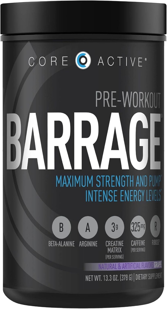 Barrage Pre Workout Powder - Preworkout για γυναίκες και άνδρες, Creatine Powder, Beta Alanine, Agmatine Sulfate, & Caffeine - Μυϊκός Οικοδόμος για άνδρες με Έντονη Ενέργεια - Σταφύλι (30 Services)