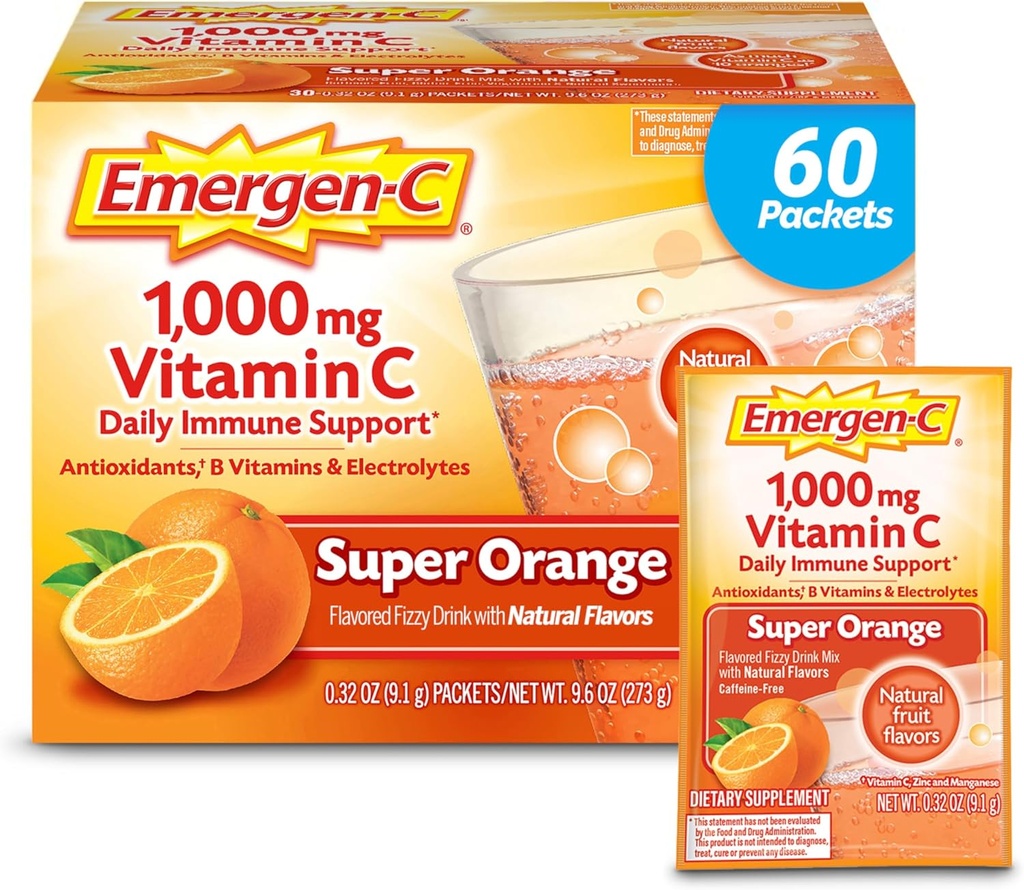 Emergen-C 1000mg σκόνη βιταμίνης C για την καθημερινή ανοσοποιητική υποστήριξη χωρίς βιταμίνη C συμπληρώματα με ψευδάργυρο και μαγγάνιο, βιταμίνες Β και ηλεκτρολύτες, Super Orange Γεύση - 60 Count/2 Μήνας προσφοράς
