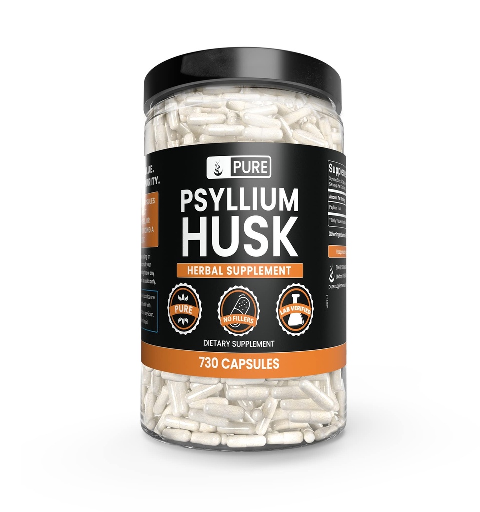 PURE αρχικά ΣΥΣΤΑΤΙΚΑ Psyllium Husk (730 κάψουλες) Δεν Μαγνήσιο ή Ρύζι Fillers, πάντα καθαρό, Εργαστήριο Επαληθευμένο