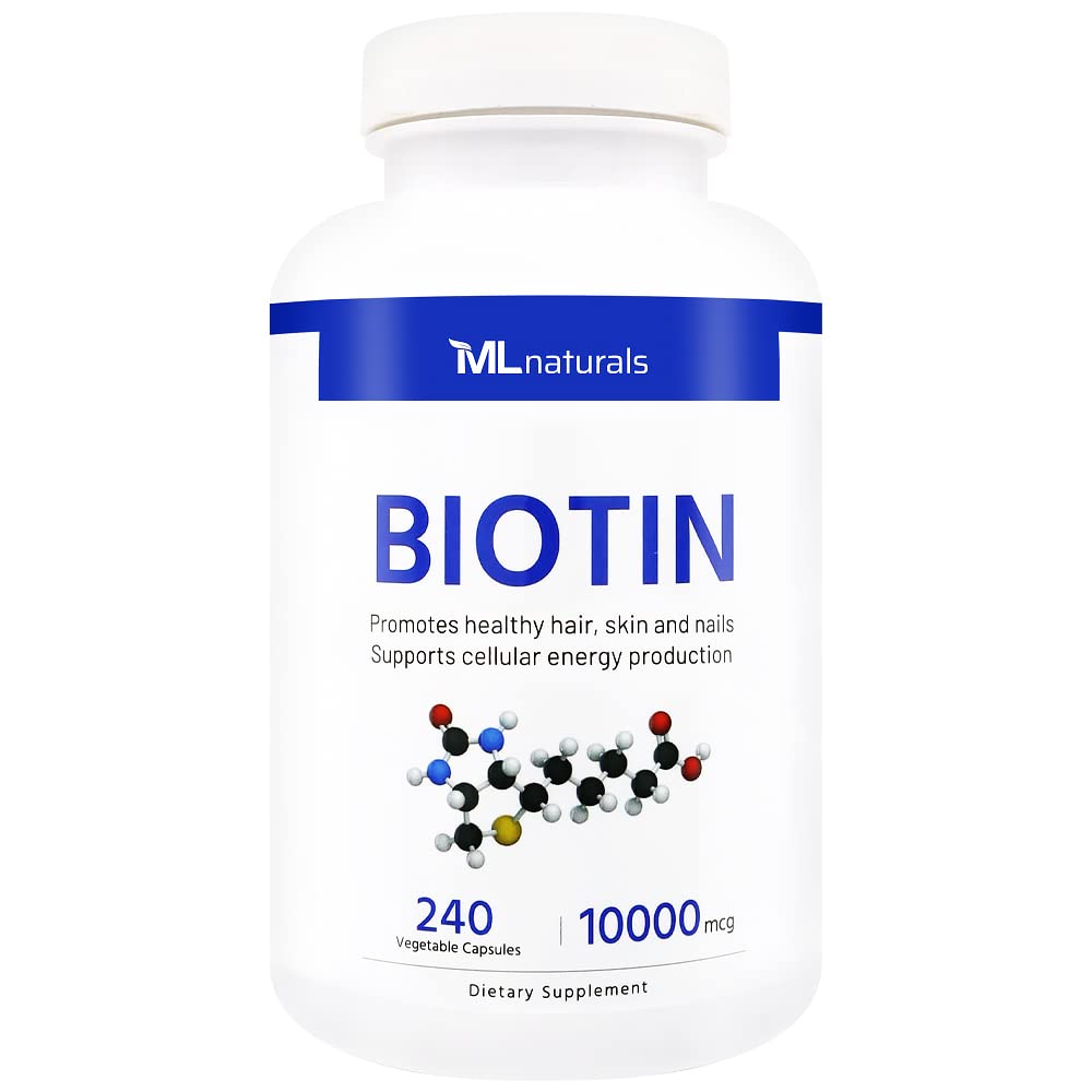 ML Naturals Βιοτίνη 10000 mcg 240 Καψάκια λαχανικών. Υποστηρίζει υγιή μαλλιά, δέρμα, νύχια, και την παραγωγή ενέργειας, NSF-Certified & cGMP-Compliant