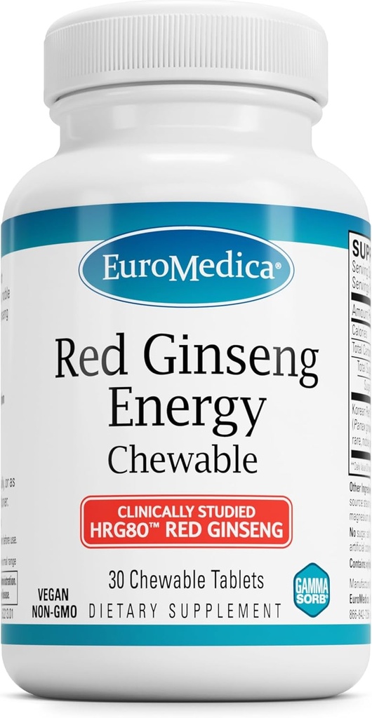 EuroMedica Red Ginseng Energy - Συμπλήρωμα για την υποστήριξη της υγιούς ενέργειας & εστίασης - συμπλήρωμα βοτάνων με κορεατική κόκκινη σκόνη ρίζας Ginseng - Vegan Tablets to Aid Healthy Endurance - 30 Μασώμενα δισκία