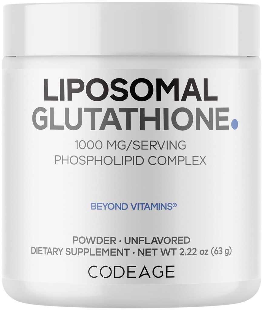 Codeage Liposomal Glutathionone Powder - 1.000 mg Vegan Μειωμένη L-Γλουταθιόνη ανά Σερβίρισμα, Liposomal Delivery - 2-Month Supply - Unflavored - Φωσφολιπίδια - Μη Γλουτένη Γλουτένη - 2.22 Oz