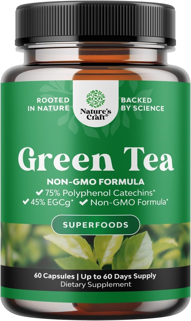 Κάψουλες Εκχύλισμα Πράσινου Τσάι - 500mg Pure Leaf Πράσινο τσάι συμπλήρωμα καφεΐνης - EGCG, εκχύλισμα καφεΐνης & Πολυφαινόλες συμπλήρωμα για υγιή Μεταβολισμός Υποστήριξη για γυναίκες & άνδρες - Φυσικό Detox - 60 κόμης