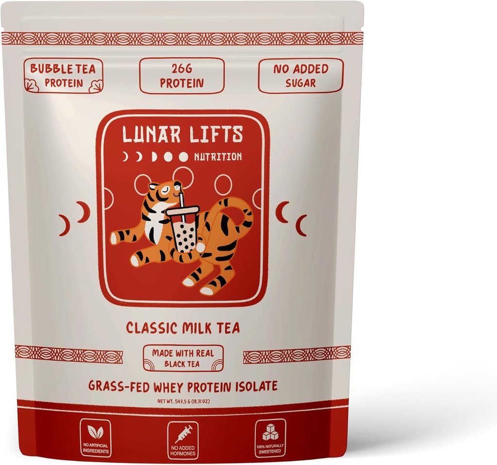 Lunar Lifts Nutrition Classic Milk Tea Boba Protein Powder | Whey Protein Isolate | 26g Grass Fed Whey Protein Powder | No Added Sugar or Artificial Ingredients | Bubble Tea