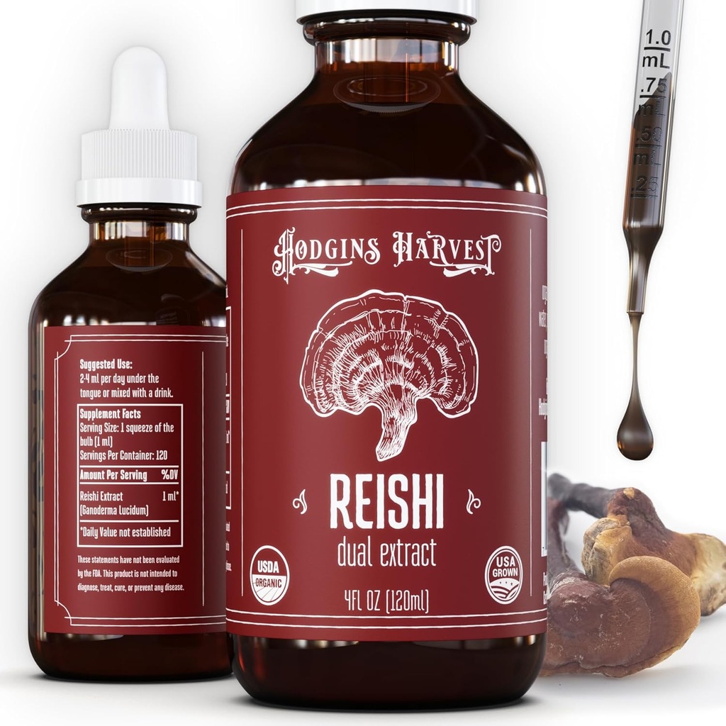 Hodgins Harvest Organic Reishi Mushroom Fruiting Body Extra Concentred Dual Extract Supplement - Υποστηρίζει την υγεία της καρδιάς & την ευεξία - USDA Organic Mushrooms - 4 oz