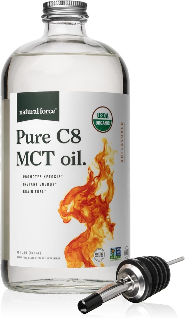 Φυσικής Δύναμης καθαρό C8 MCT Oil – Υγρό MCT Oil σε γυάλινη φιάλη Container – Συμπυκνωμένο Caprylic Acid – Keto, Παλαιό, Kosher, Vegan & Non-GMO – Εργαστήριο Tested for Quality and Purity, 32 Ουγγιά