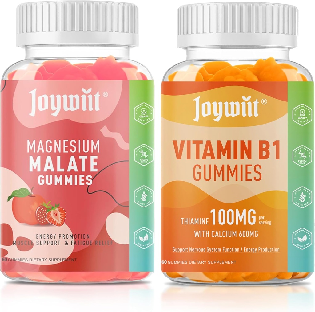 Μαγνήσιο Μηλεϊκό + L-Θεανίνη + CoQ10 + B6 (Strawberry) & Θιαμίνη B1 + Ασβέστιο (Orange) Gummies, Άγχος ανακούφιση, ενέργεια, Νεύρο & υποστήριξη των οστών, Vegan μη GMO, 120 Μασώμενα (2×60)