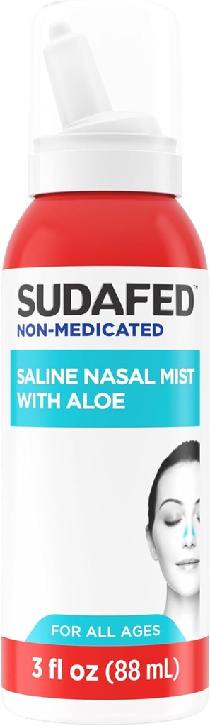Sudafed Non-Medicated Saline Nasal Mist with Aloe, Sinus Saline Nose Spray for All Ages Quickly Flushes & Moisturizes Nasal Passages, Use Nasal Mist as Often As Needed, Drug-Free, 3 fl. oz