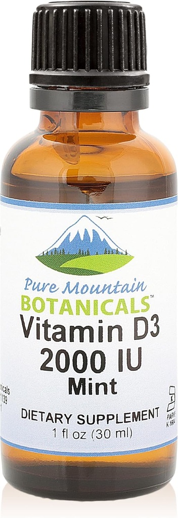 Pure Mountain Botanicals Flavored Vitamin D Drops – Mint Flavored Liquid Vitamin D3-2000iu per Serving - 1oz Bottle