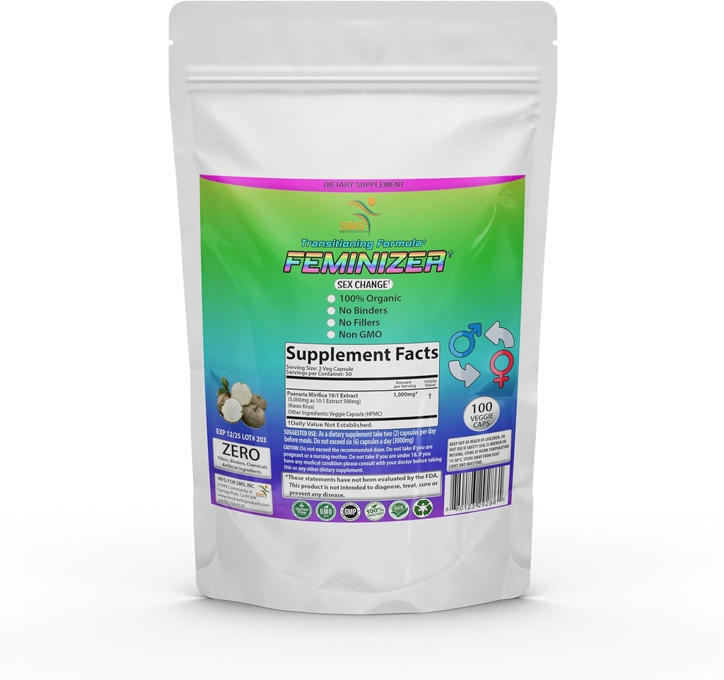 Feminizer Sex Change Hills by SMS, 100 Veggie Caps Pueraria Mirifica For Estrogen 1,000mg Pure 10:1 Root Extract Powder - Kwao Krua Kao - Premium Grade, Organic for Women, Transgender, Ladyboy, ΛΟΑΤ