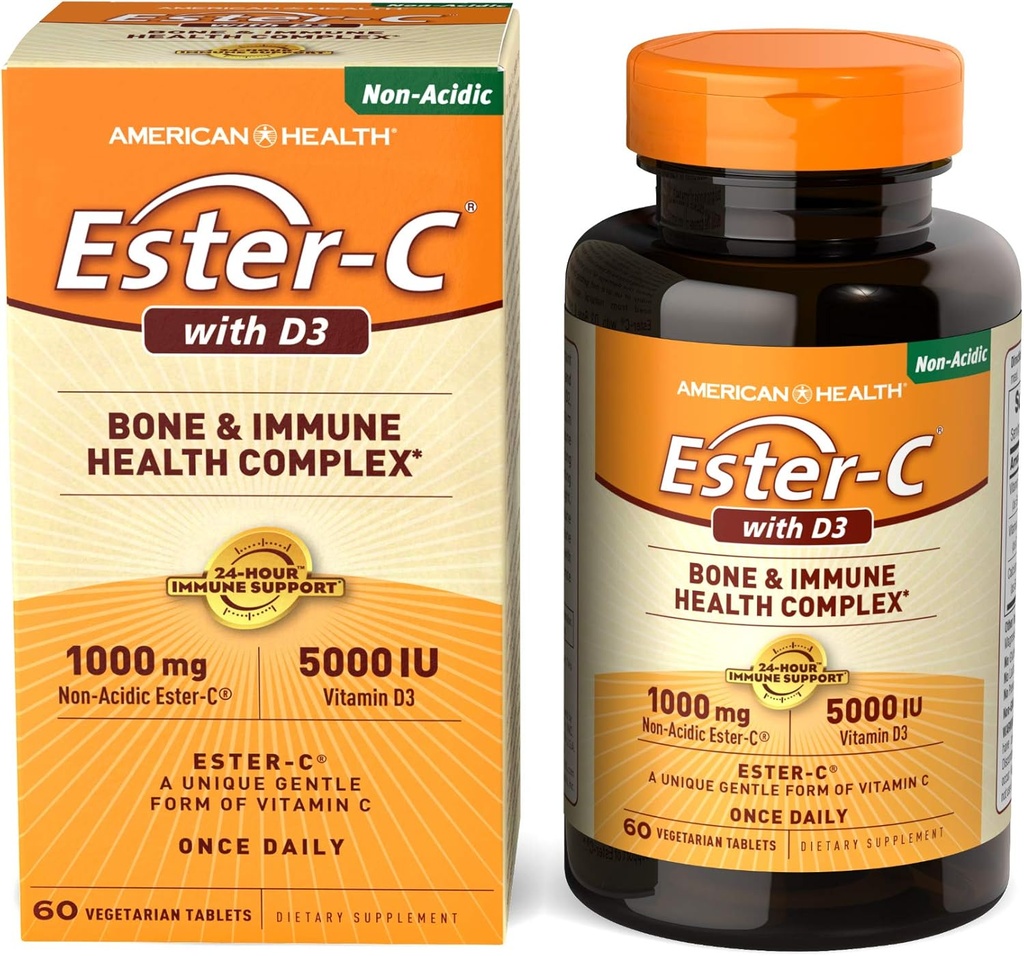 American Health EsterC με D3 Ανοσοποιητικό Σύμπλεγμα Οστών Χορτοφαγικά Δισκία 24ωρη Ανοσολογική Υποστήριξη 1000 mg EsterC 5000 IU Βιταμίνη D3 Μη Ακιδική Βιταμίνη C Υπηρεσίες, 60 Count