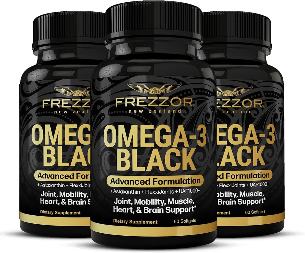FREZZOR Omega 3 Μαύρο για Κοινή Φροντίδα & Άνεση - New Zealand Green Lipped Mussel Oil Caps; 53x Υψηλότερη Ικανότητα με UAF1000+ Super Antioxidant, Χωρίς Αλιευτική Επίγευση, 60 Κόμβος (Συσκευή 3)