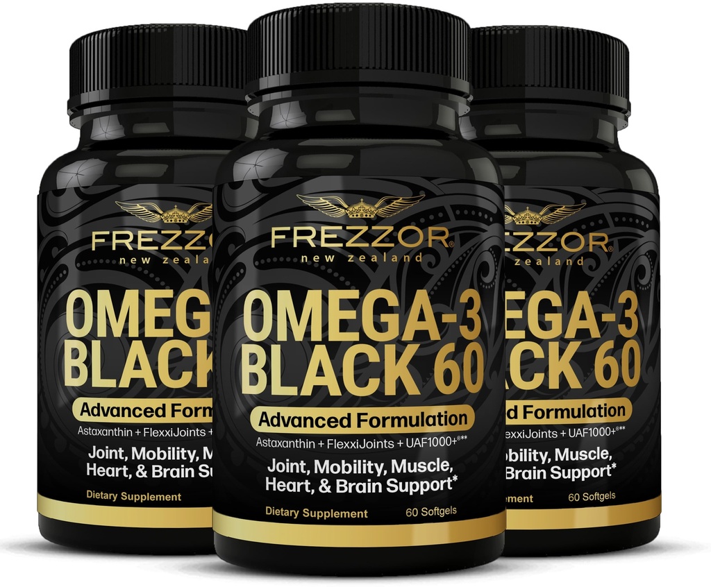 FREZZOR Omega 3 Μαύρο για Κοινή Φροντίδα & Άνεση - New Zealand Green Lipped Mussel Oil Caps; 53x Υψηλότερη Ικανότητα με UAF1000+ Super Antioxidant, Χωρίς Αλιευτική Επίγευση, 60 Κόμβος (Συσκευή 3)