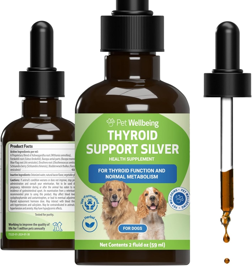 Pet Wellbeing Thyroid Support Silver for Dogs - Υποστήριξη Ισορροπημένη λειτουργία θυρεοειδούς, Υγιεινό Μεταβολισμό, Κανονική ενέργεια, Ashwagandha, Bakopa - Κτηνιατρικό-Σχηματισμένο συμπλήρωμα βοτάνων 2 oz (59 ml)