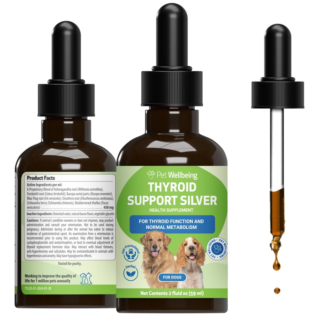 Pet Wellbeing Thyroid Support Silver for Dogs - Υποστήριξη Ισορροπημένη λειτουργία θυρεοειδούς, Υγιεινό Μεταβολισμό, Κανονική ενέργεια, Ashwagandha, Bakopa - Κτηνιατρικό-Σχηματισμένο συμπλήρωμα βοτάνων 2 oz (59 ml)