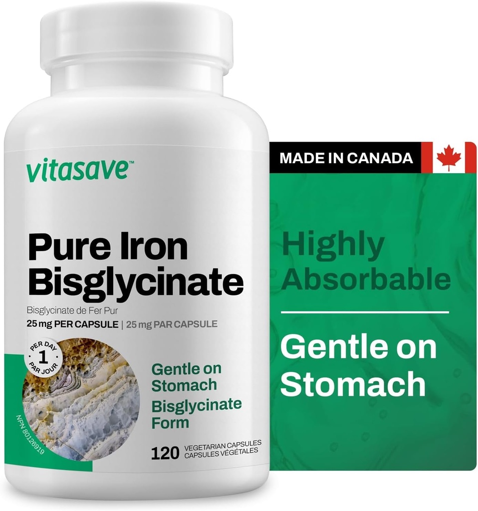 Vitasave Σιδήρου Bisglycinate – Υψηλής Απορρόφησης Σιδήρου συμπλήρωμα για την ενέργεια, αναιμία & ανοσοποιητική υποστήριξη – Απαλό στο στομάχι – Vegan, μη-GMO, Gluten-free – 120 κάψουλες (Made in Canada)
