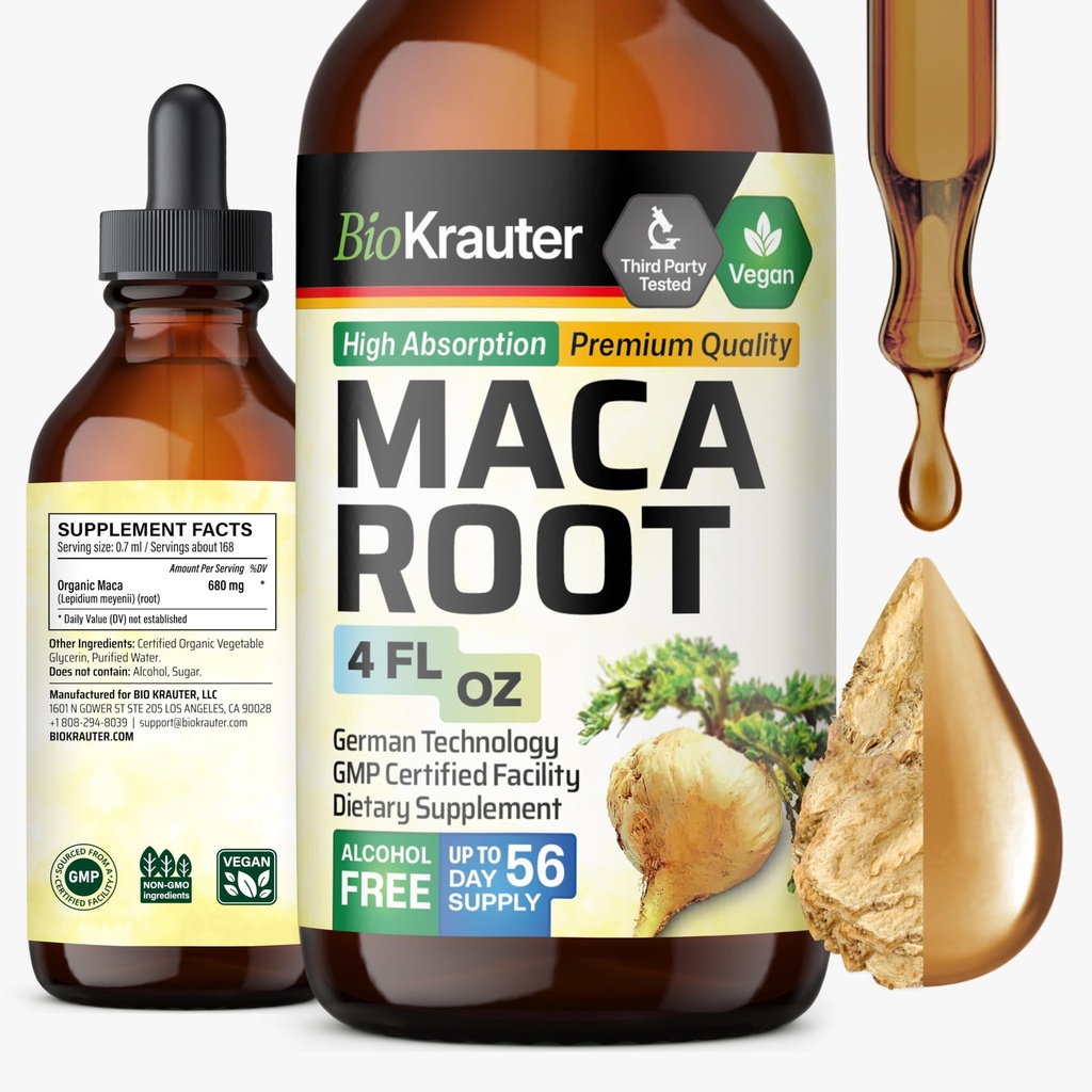 BIO KRAUTER Maca Root Liquid Drops - Maca Extract Βάμμα - Vegan, Sugar & Alcohol Free Extract 4 Fl.Oz.