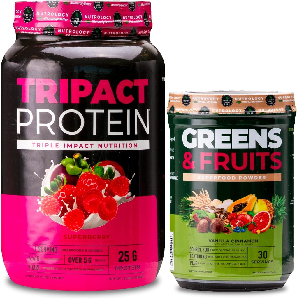 Nutrology TRIPACT Protein Powder, 7-in-1 Replacement Meal Shake, Superberry (40 services) Πράσινα & Φρούτα Σκόνη-Φυσικά πηγασμένα Superfood, Βανίλια Κανέλα (30 Services)