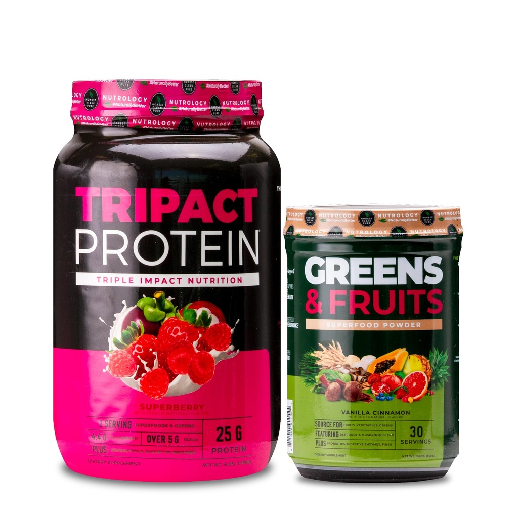 Nutrology TRIPACT Protein Powder, 7-in-1 Replacement Meal Shake, Superberry (40 services) Πράσινα & Φρούτα Σκόνη-Φυσικά πηγασμένα Superfood, Βανίλια Κανέλα (30 Services)
