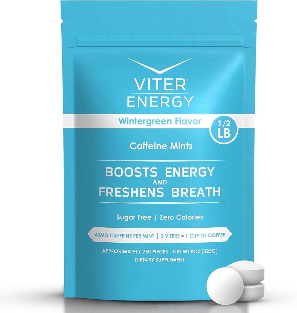 Viter Energy 40mg Μέντες καφεΐνης - Χωρίς ζάχαρη, Βιταμίνες Β, Vegan, Ενισχύει γρήγορη ενεργοποίηση Alert Focus, Caffeinated Nootropic Pills συμπλήρωμα (Wintergreen Flavor, 8oz, Bulk Bag)