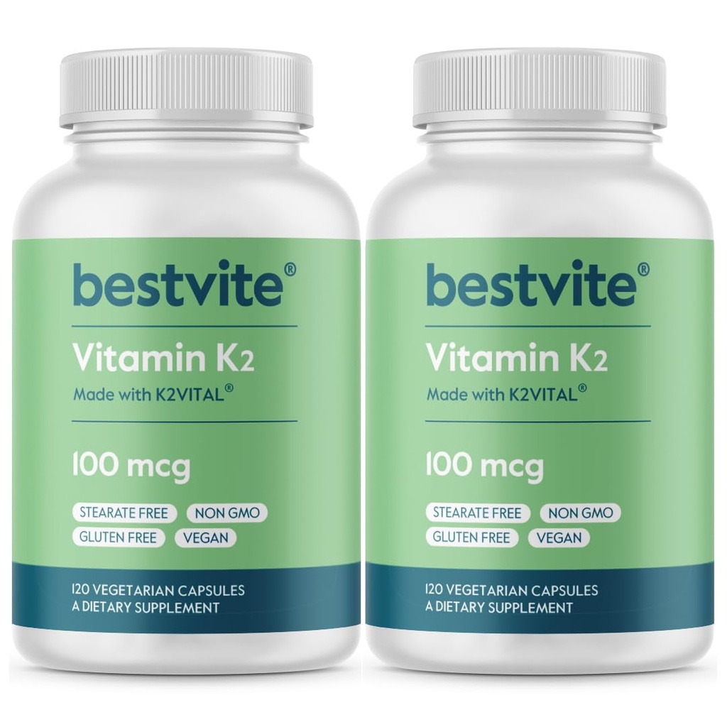 BESTVITE Βιταμίνη K2 100 mcg ως MK-7 (240 κάψουλες χορτοφαγίας)(120x2) - Δεν Stearates - Vegan - Μη ΓΤΟ - Χωρίς γλουτένη