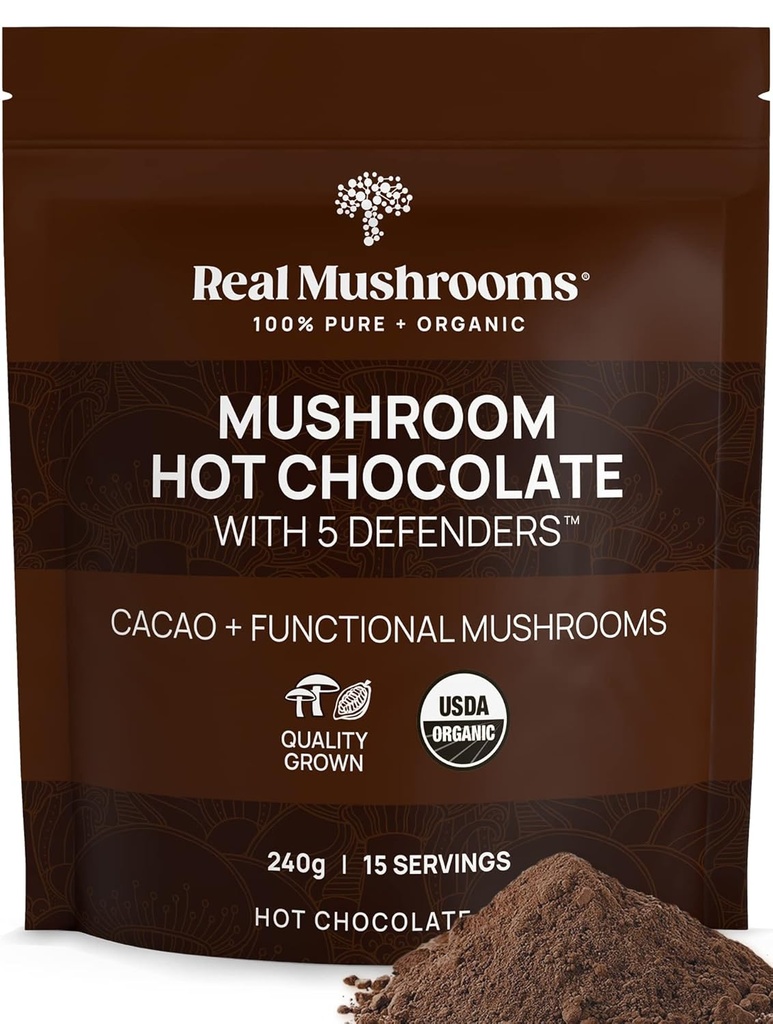 Real Mushrooms Organic Hot Chocolate Mix with Reishi, Turkey Tail, Chaga, Shiitake, Maitake – Cacao Powder Organic Mushroom– 5 Defenders Mushroom Cacao Powder, Vegan, Gluten-Free, 15 Servings