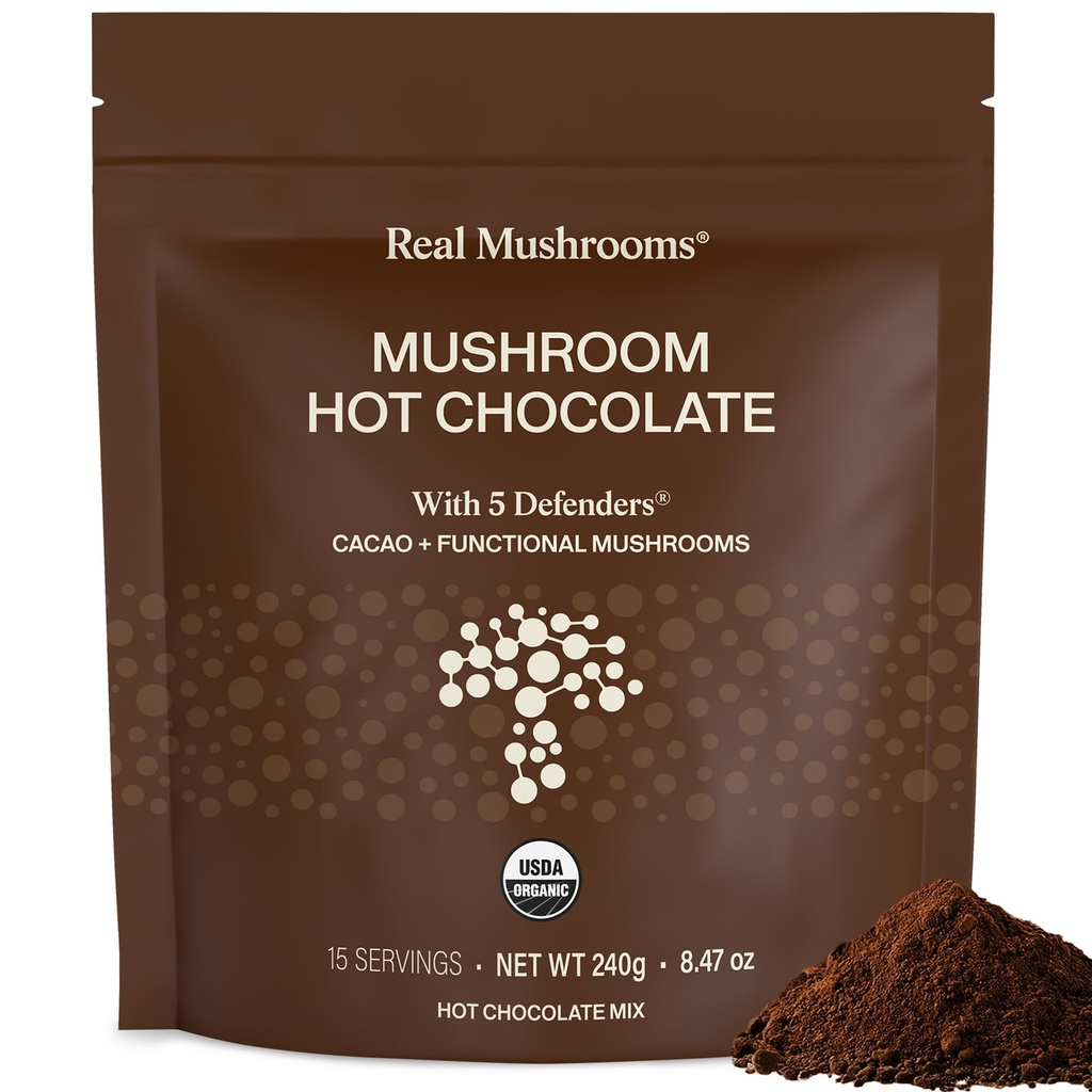 Real Mushrooms Organic Hot Chocolate Mix with Reishi, Turkey Tail, Chaga, Shiitake, Maitake – Cacao Powder Organic Mushroom– 5 Defenders Mushroom Cacao Powder, Vegan, Gluten-Free, 15 Servings