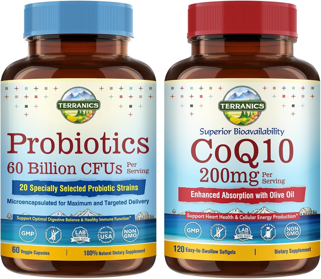Terranics Probiotics & CoQ10 Bundle, Heart & Digestion Health, 60 δισεκατομμύρια προβιοτικά, βιοενεργό συνένζυμο Q10 200mg, Extra Virgin Olive Oil, Bundle & Save