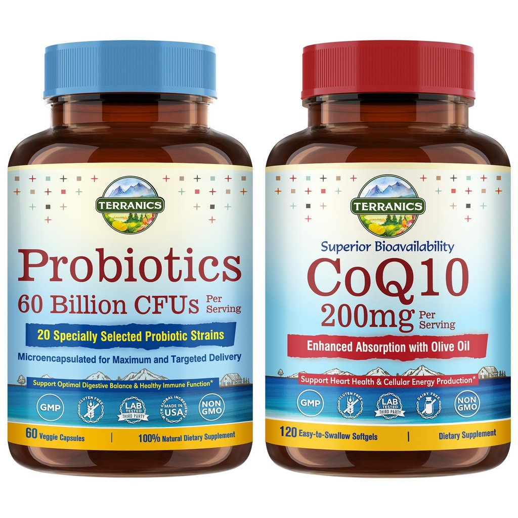 Terranics Probiotics & CoQ10 Bundle, Heart & Digestion Health, 60 Billion Probiotics, Bioactive Coenzyme Q10 200mg, Extra Virgin Olive Oil, Bundle & Save