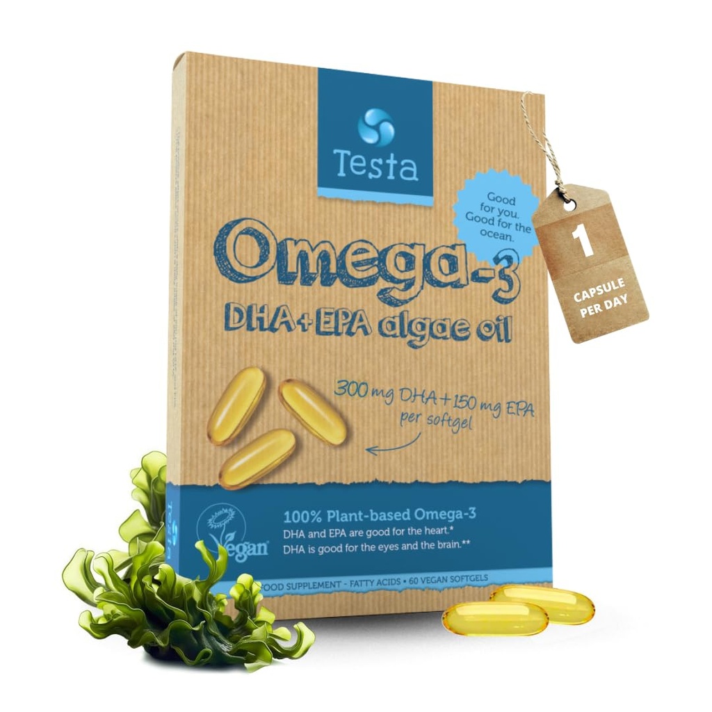 Testa Omega-3 συμπλήρωμα - Vegan με βάση τις κάψουλες Omega 3 DHA EPA από την άλγη - Ωμέγα 3 λιπαρά οξέα - Υποστηρίζει την καρδιά, τον εγκέφαλο και κοινή υγεία - πλαστικό αρνητικό, RTG, και Kosher - Δύο μήνες προσφοράς