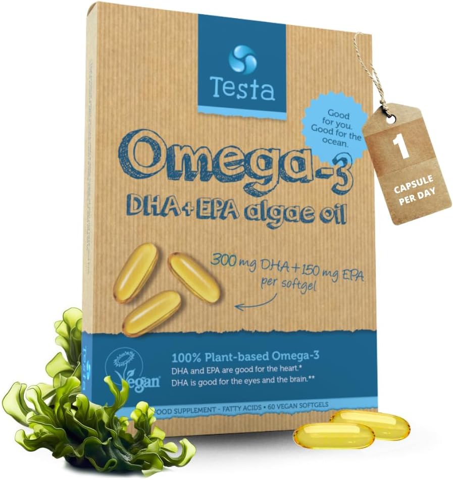 Testa Omega-3 συμπλήρωμα - Vegan με βάση τις κάψουλες Omega 3 DHA EPA από την άλγη - Ωμέγα 3 λιπαρά οξέα - Υποστηρίζει την καρδιά, τον εγκέφαλο και κοινή υγεία - πλαστικό αρνητικό, RTG, και Kosher - Δύο μήνες προσφοράς