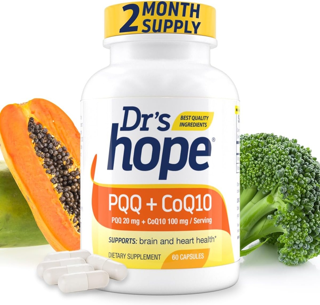 PQQ CoQ10 - PQQ 20mg With CoQ10 100mg, PQQ Supplement With Coenzyme Q10 Supplement Supports Brain Health, 60 Veggie Caps - 1 Capsule per Serving