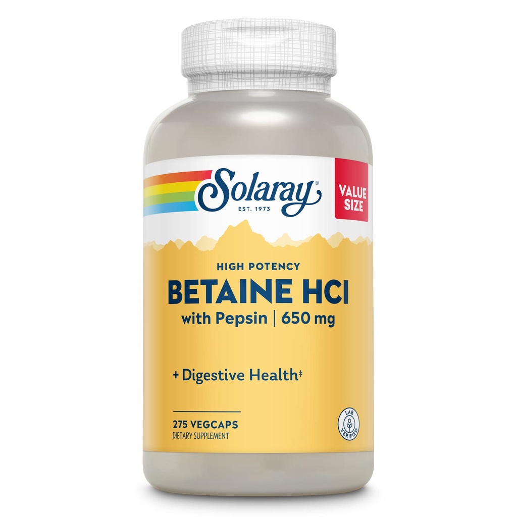 Solaray High Potency Betaine HCL with Pepsin - Hydrochloric Acid Supplement for Digestive Health - with Betaine Hydrochloride and Digestive Enzymes - Υποστήριξη για την υγεία των ορνίθων - 60 ημερών εγγύηση, 275 VegCaps