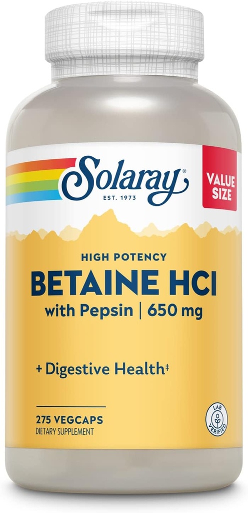 Solaray High Potency Betaine HCL with Pepsin - Hydrochloric Acid Supplement for Digestive Health - with Betaine Hydrochloride and Digestive Enzymes - Υποστήριξη για την υγεία των ορνίθων - 60 ημερών εγγύηση, 275 VegCaps