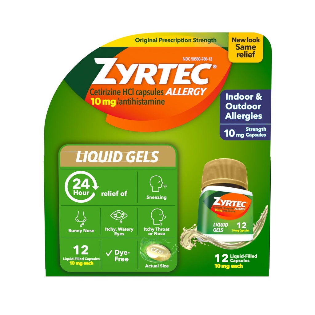 Zyrtec 24 ώρες Αλλεργία ανακούφιση υγρά γέλη, Αντιισταμινικές κάψουλες με Cetirizine HCl Αλλεργική ιατρική για την ανακούφιση όλων των ημερών από Runny μύτη, φτάρνισμα, Ichy Eyes & More, 12 Count