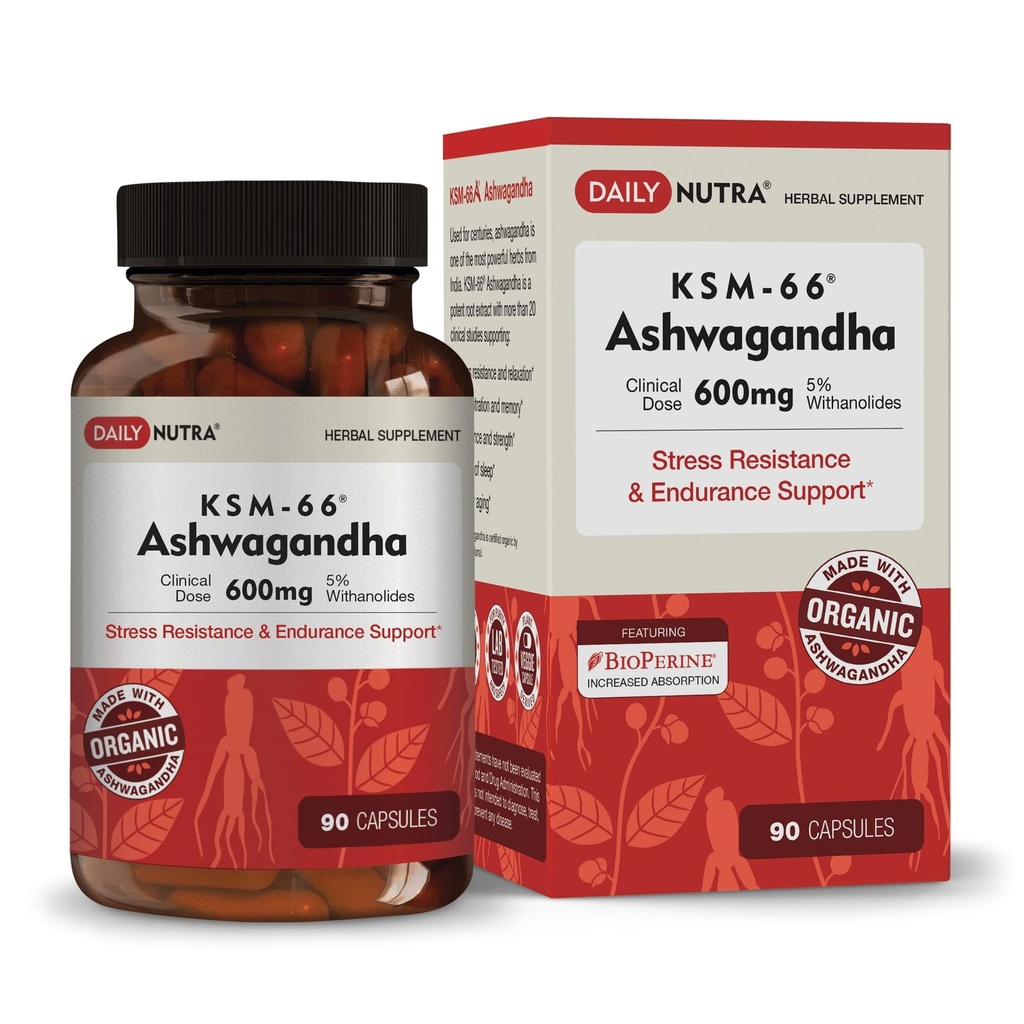 DailyNutra KSM-66 Ashwagandha 600mg Βιολογικό εκχύλισμα ρίζας - συμπλήρωμα υψηλής ισχύος με 5% Withanolides 
