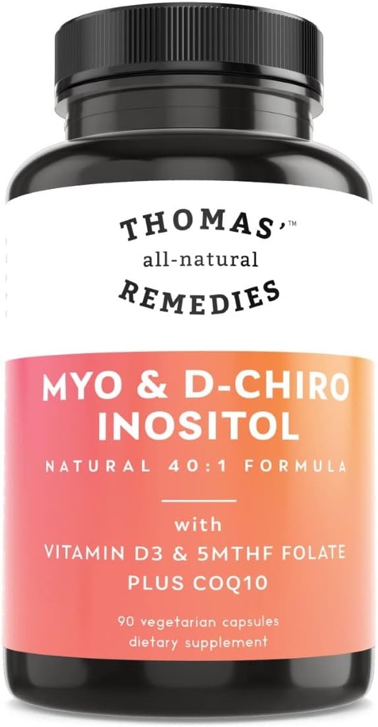 Συμπλήρωμα Myo Ινοσιτόλης & D-Chiro Ινοσιτόλης all-natural Remedies του Thomas με Folate και βιταμίνη D3, 40 έως 1 Ratio, μη-GMO, χωρίς πληρωτικά, CoQ10, 90 κάψουλες Vegan
