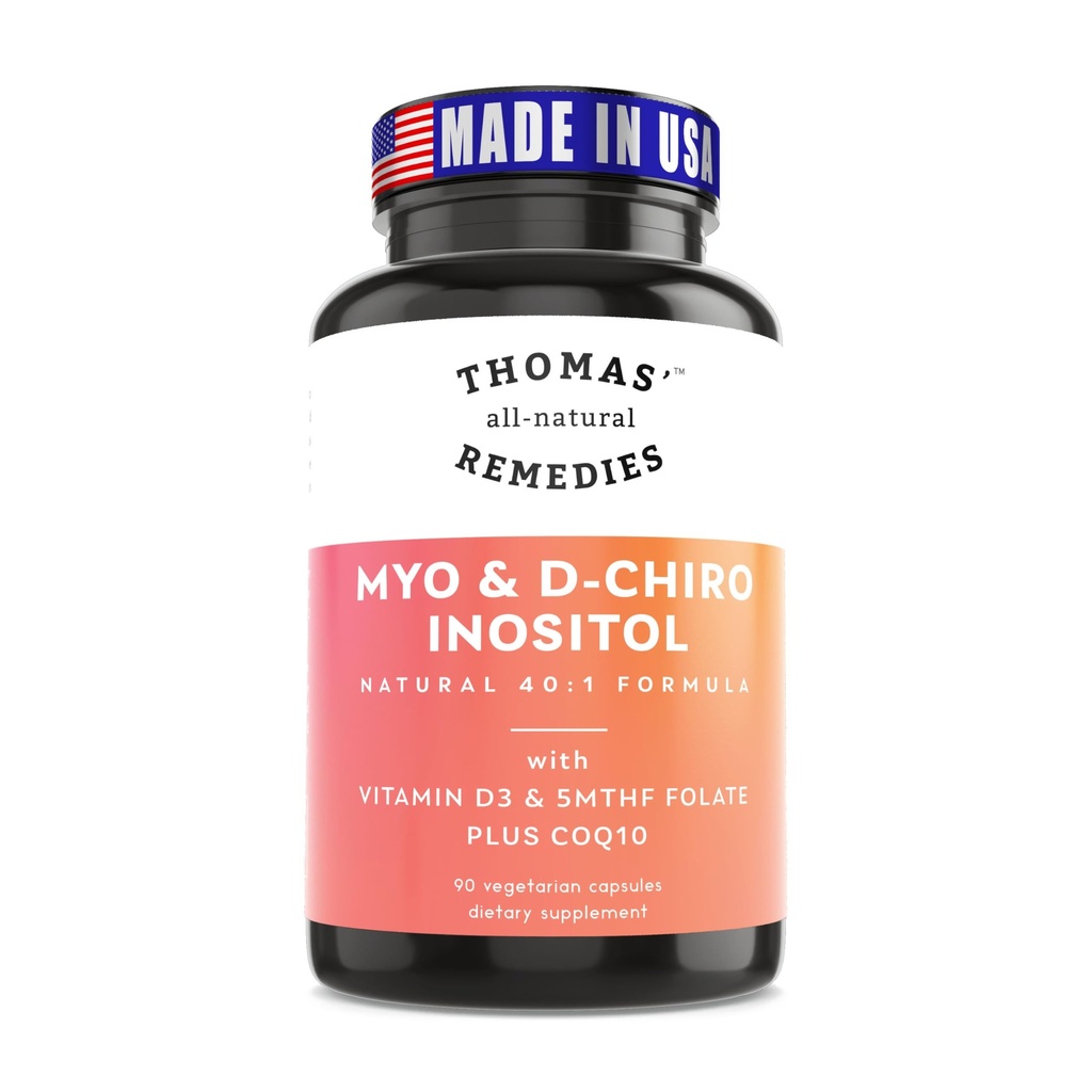 Συμπλήρωμα Myo Ινοσιτόλης & D-Chiro Ινοσιτόλης all-natural Remedies του Thomas με Folate και βιταμίνη D3, 40 έως 1 Ratio, μη-GMO, χωρίς πληρωτικά, CoQ10, 90 κάψουλες Vegan