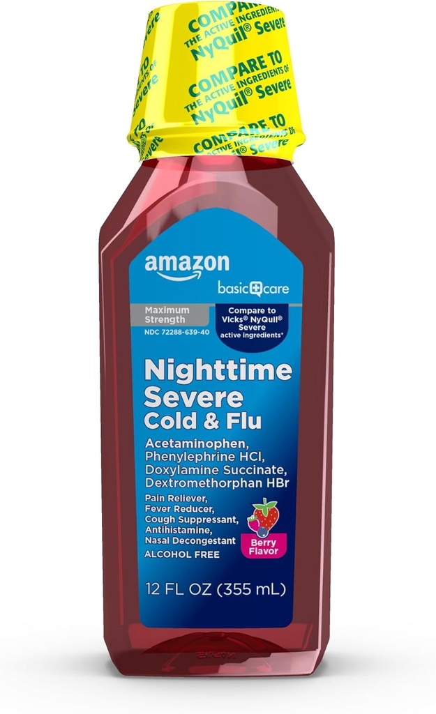   Basic Care Nighttime Severe Cold and Flu Syrup, Max Strength Liquid Medicine, Multi-Symptom Relief, for Adults and Children 12 Years and Older, Mixed Berry Flavor, 12 fl oz (Pack of 1)