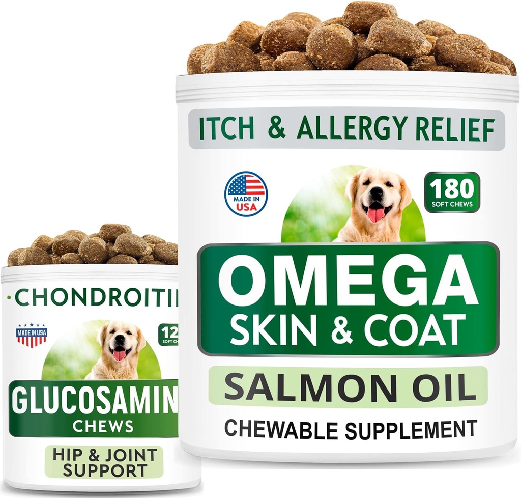 BARK&SPARK Glucosamine Dog Treats + Omega 3 for Dogs Bundle - Hip Support and Joint Pain Relief Supplement + Fish Oil Chews for Shedding, Skin Allergy, Itch Relief, Skin and Coat Supplement
