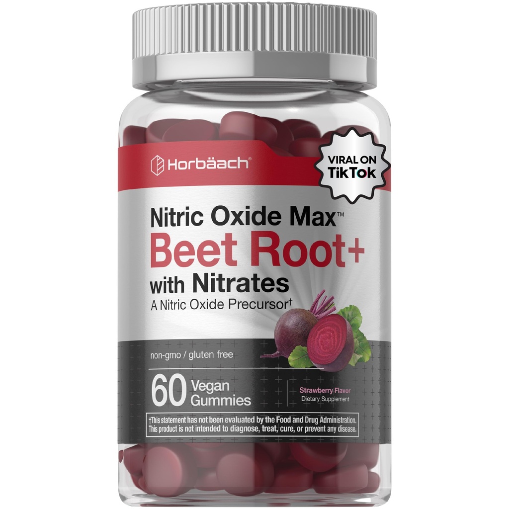 Horbäach Nitric Oxide Beet Root Gummies | 60 Chews| with Nitrates, Vitamin C & Black Pepper | for Men & Women | Strawberry Flavor | Vegan, Non-GMO, Gluten Free Supplement