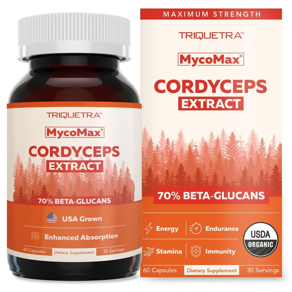 Organic Cordyceps Mushroom Extract - 70% Beta Glucans - Υψηλότερα ενεργά επίπεδα θρεπτικών συστατικών, Max Potency Cordyceps κάψουλες, US Grown + Ultrasonic Extraction - Απόδοση, Ανοσία & Ενέργεια - 60 κάψουλες