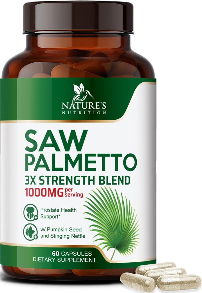 Πριόνι Palmetto για άνδρες 1000MG - 3X δύναμη συμπλήρωμα υγείας Prostate - συμπλήρωμα εκχυλίσματος βοτάνων - συμπληρώματα Prostate για την υποστήριξη της υγείας των ανδρών, ούρα προστάτης & υποστήριξη της υγείας των μαλλιών - 60 κάψουλες