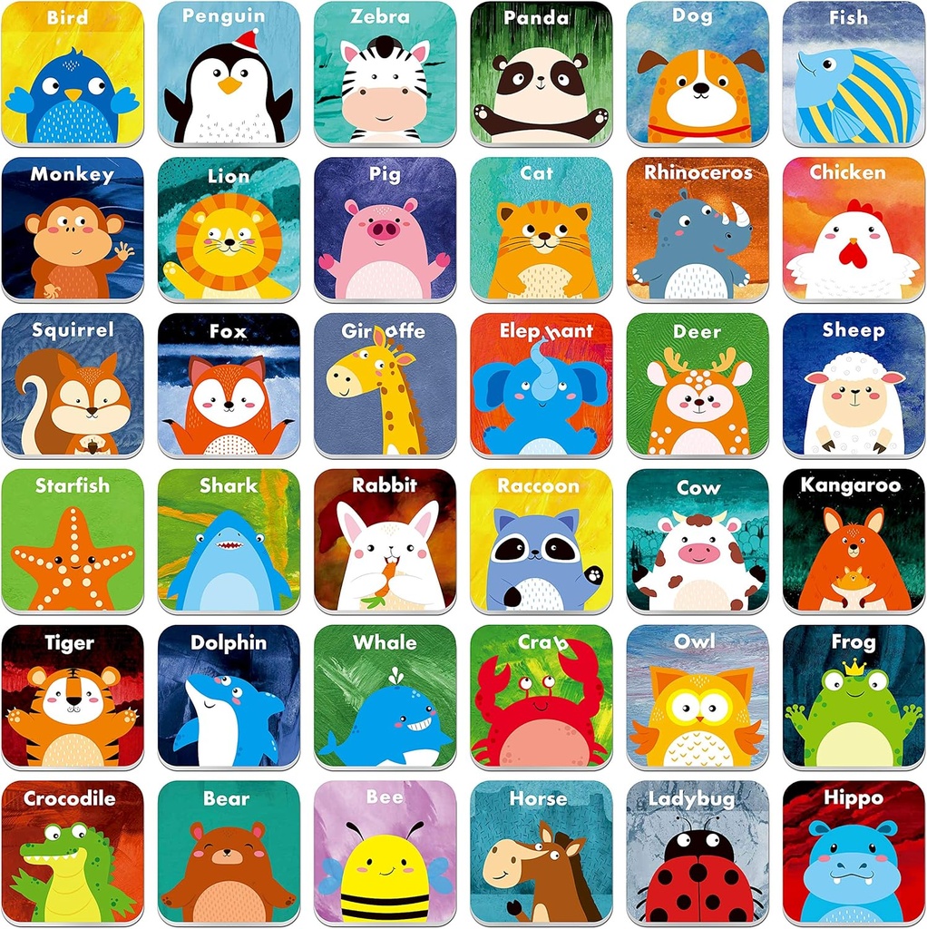 Hebayy 36 Ζευγάρια Ζώα που ταιριάζουν Cartoon Flash Cards Σβήσιμο (72 PCs, κάθε μέτρο 2\" X 2\")